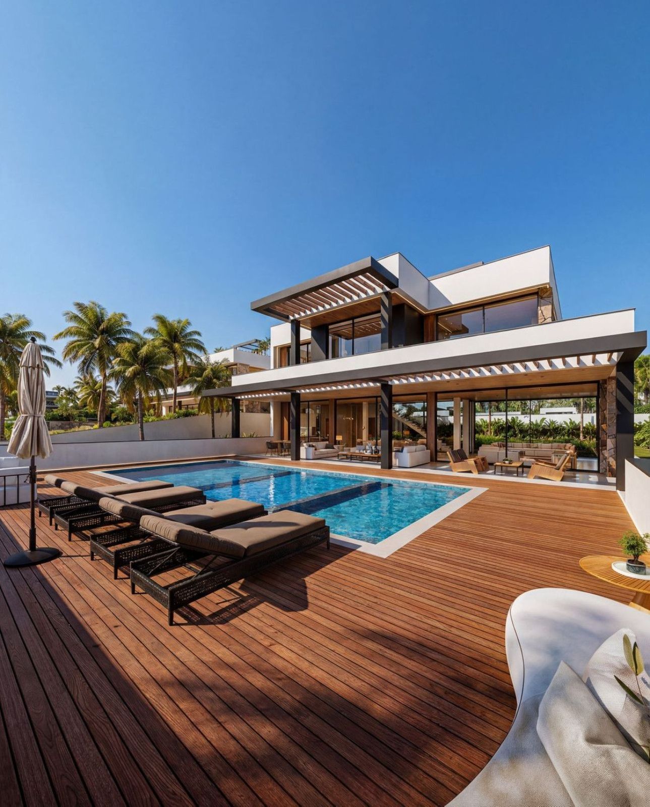 Moderne Villa mit Schwimmbad, Liegestühlen und einer geräumigen Holzterrasse.