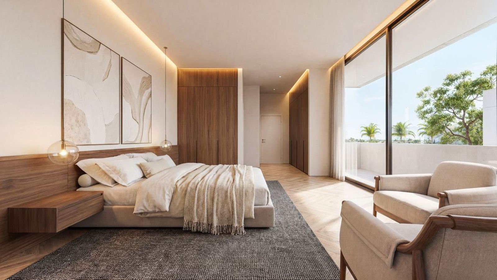 Luxuriöses Schlafzimmer in Manzanilla 12 mit Balkon und Blick ins Grüne, moderne Einrichtung.